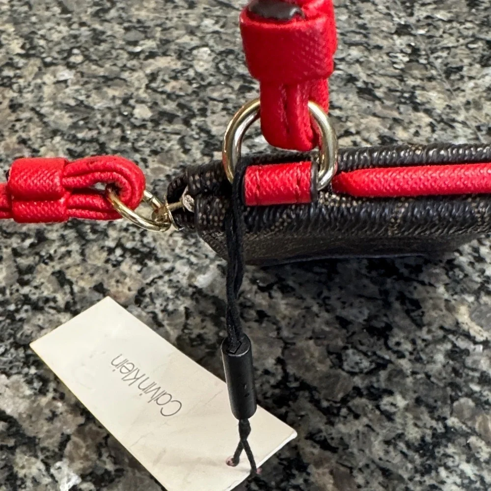 Calvin Klein Logo Wristlet in Brown and Red NWT